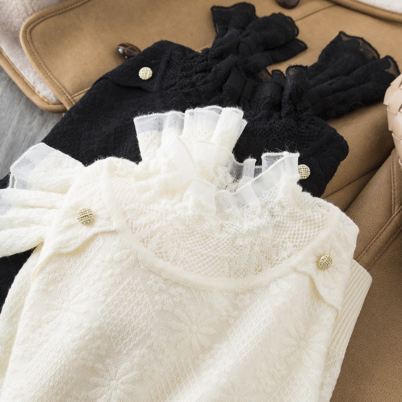 蕾丝花边领内搭提花羊毛针织衫