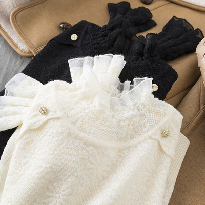 蕾丝花边领内搭提花羊毛针织衫