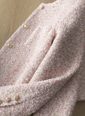 轻奢浪漫法式樱花粉色名媛xiao香风短款圆领编织亮丝粗花呢外套女