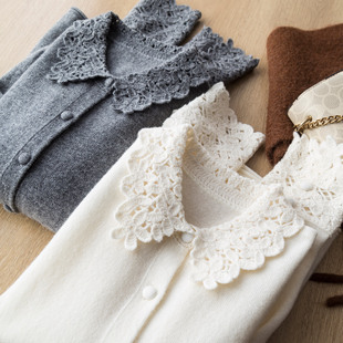 女 羊绒羊毛镂空钩花翻领气质休闲减龄百搭打底针织开衫 法式 优雅