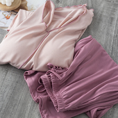 治愈家居服岛国V领带胸垫一体式 防凸T恤 阔腿裤 巨舒服 睡衣套装 女