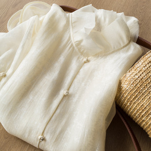 云朵仙美时尚 木耳花边立领暗纹荷叶边盘扣百搭衬衣女 设计气质衬衫