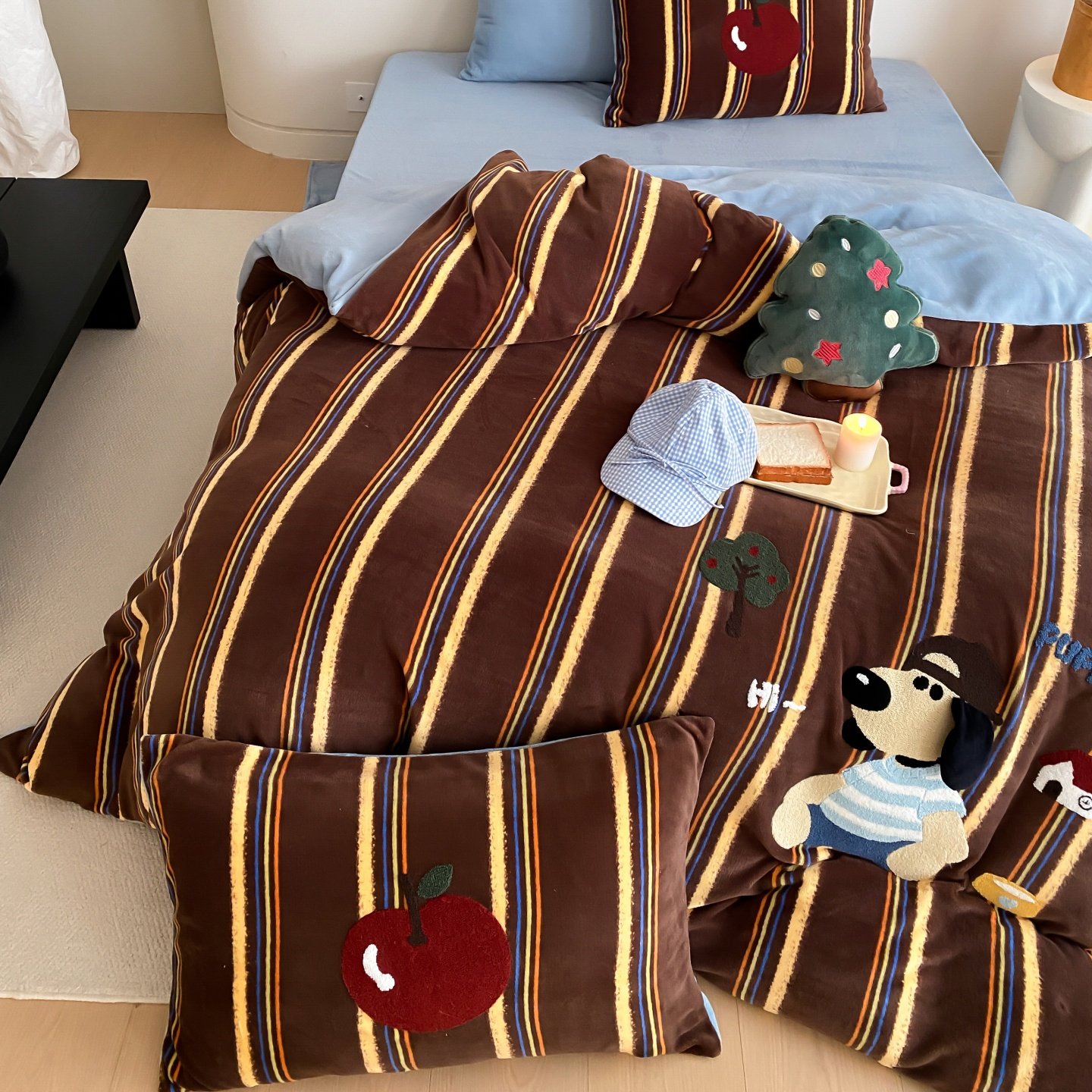 卡通刺绣毛巾绣条纹牛奶绒四件套秋冬加厚保暖可爱儿童床品套件三,床上用品,床品套件/四件套/多件套,淘宝优惠券,粉丝福利购,淘宝优惠卷