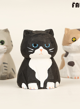 仿真动物玩偶招财小猫咪木雕摆件手工创意桌面木头装饰品可爱解压