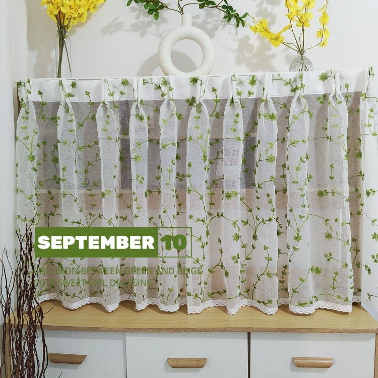 田园清新绿色柜子遮挡帘飘窗装饰帘卧室门帘免打孔粘贴半帘小短帘