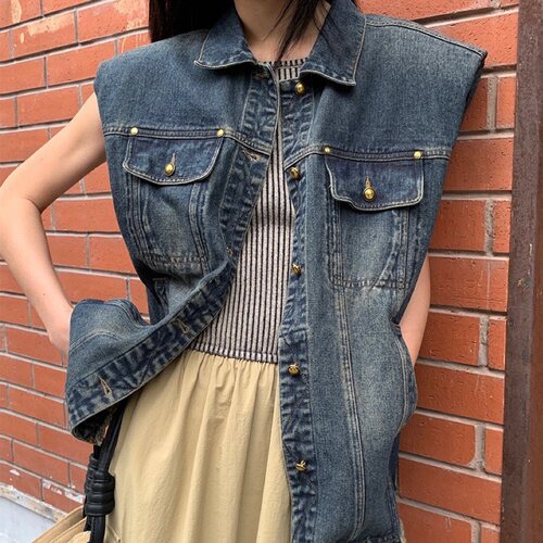 YQ  休闲宽松百搭牛仔马甲女2025小众设计早春新款复古垫肩外套潮