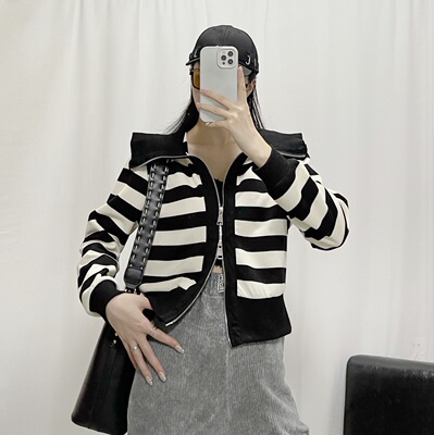 YQ高版本披肩大翻领条纹外套针织衫休闲慵懒风双拉链毛衣开衫女秋