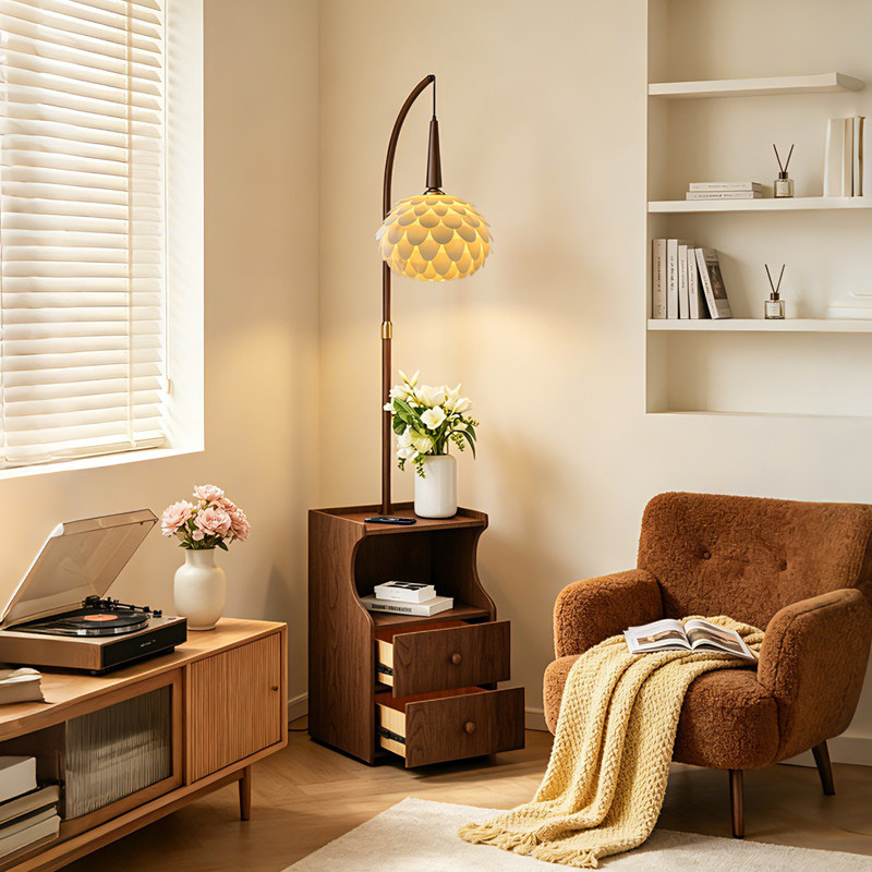 落地灯客厅沙发边书房卧室床头灯柜一体中古风高级感氛围立式台灯