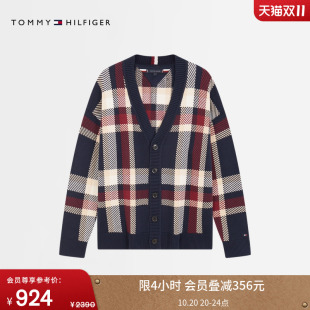 Tommy秋冬男装 外套 纯棉复古休闲拼色格纹纽扣V领慵懒风针织开衫
