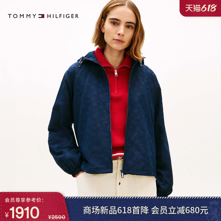 Tommy26春夏新款女装休闲运动旗标镂空刺绣连帽宽松单夹克外套