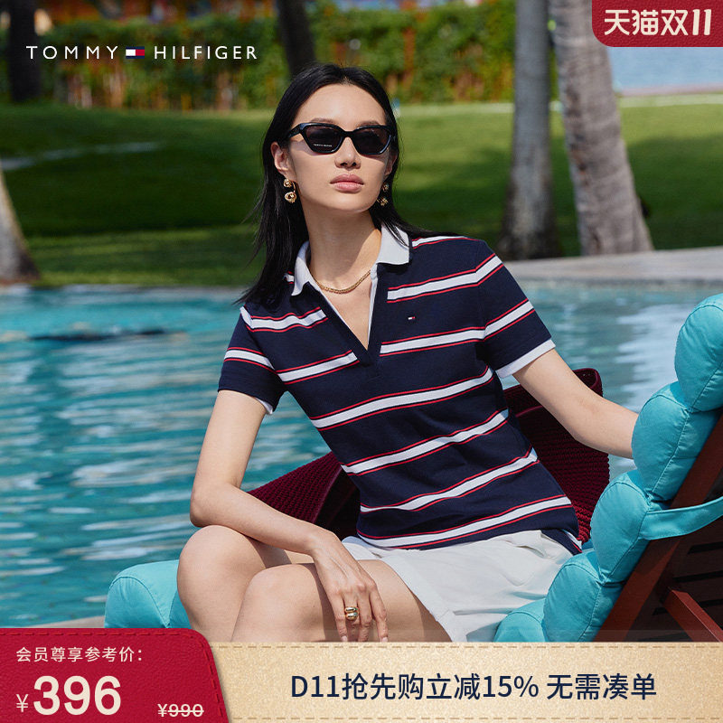 Tommy春夏女装珠地网眼休闲气质优雅通勤条纹V领短袖T恤POLO衫