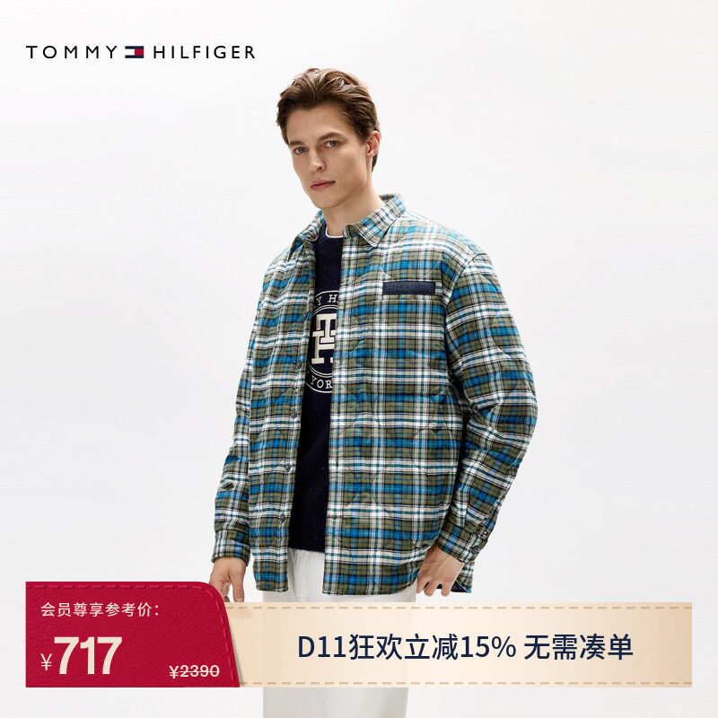 Tommy男装格纹绗缝轻薄翻领棉服
