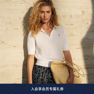 Tommy26春夏新款女装优雅通勤镂空绞花肌理短袖POLO领麻花针织衫