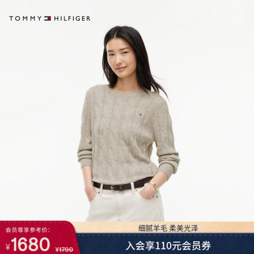 Tommy女装粗绞花圆领针织羊毛衫