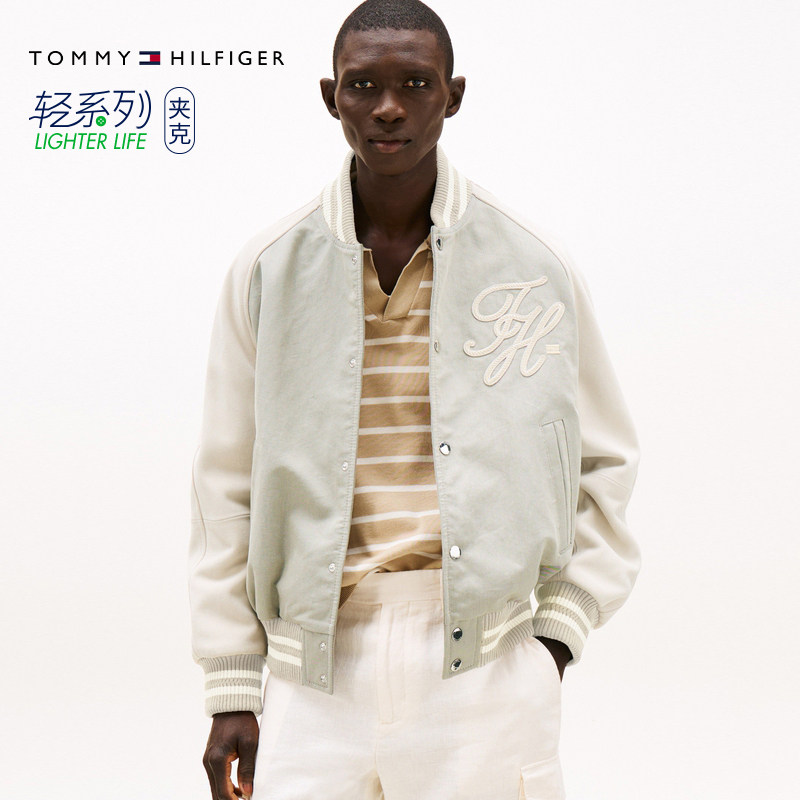 Tommy秋冬男装美式复古潮流皮革撞色拼接宽松棒球棉服夹克外套