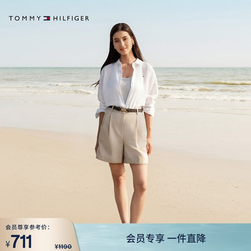 Tommy女装亚麻混纺暗襟休闲短裤