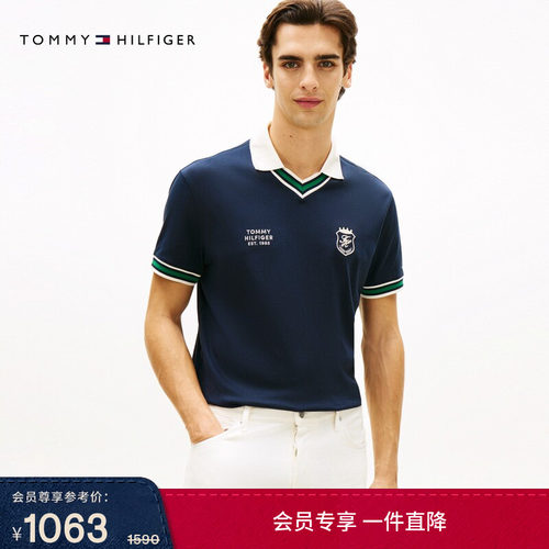Tommy男装学院风刺绣拼色V领POLO