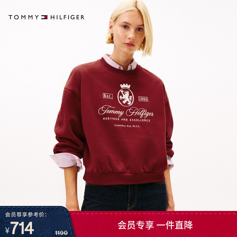Tommy秋冬女装美式复古徽章字母刺绣宽松运动抓绒圆领内搭卫衣