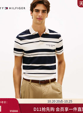 Tommy男装珠地网眼条纹短袖POLO