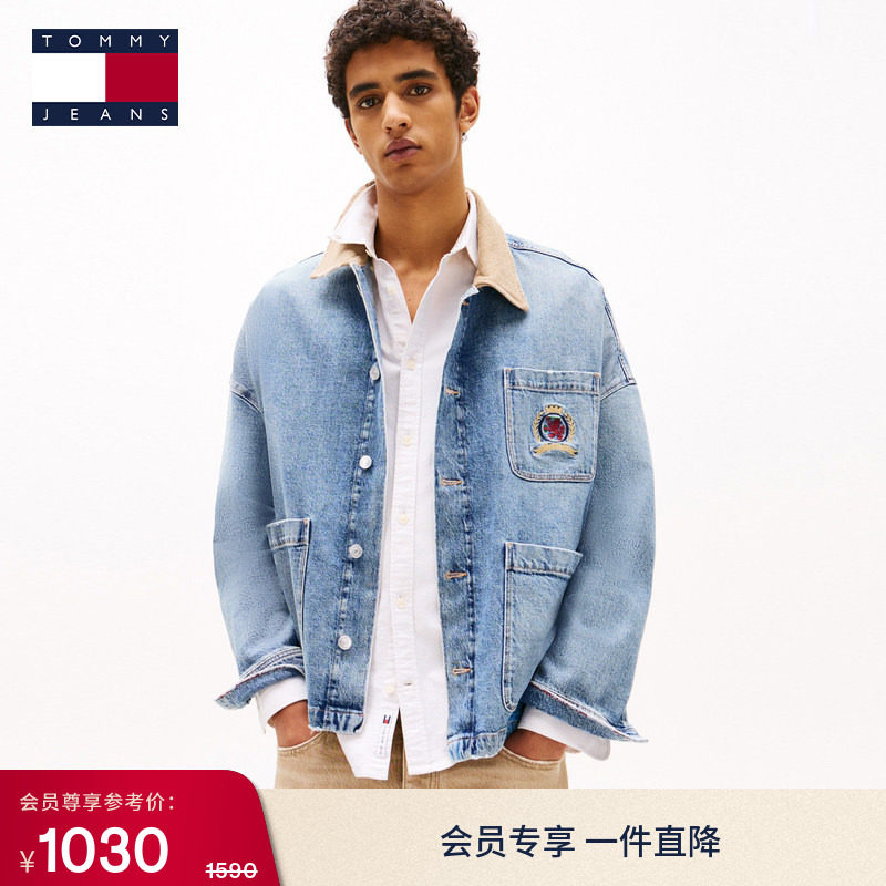 Tommy秋冬男女美式复古工装风撞色翻领宽松底特律牛仔夹克外套