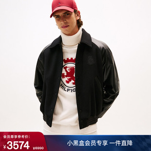 Tommy秋冬男女羊毛混纺牛皮拼接美式 潮流宽松翻领棉服夹克外套