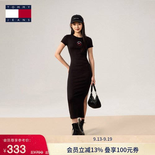 Tommy女装刺绣修身圆领针织长裙