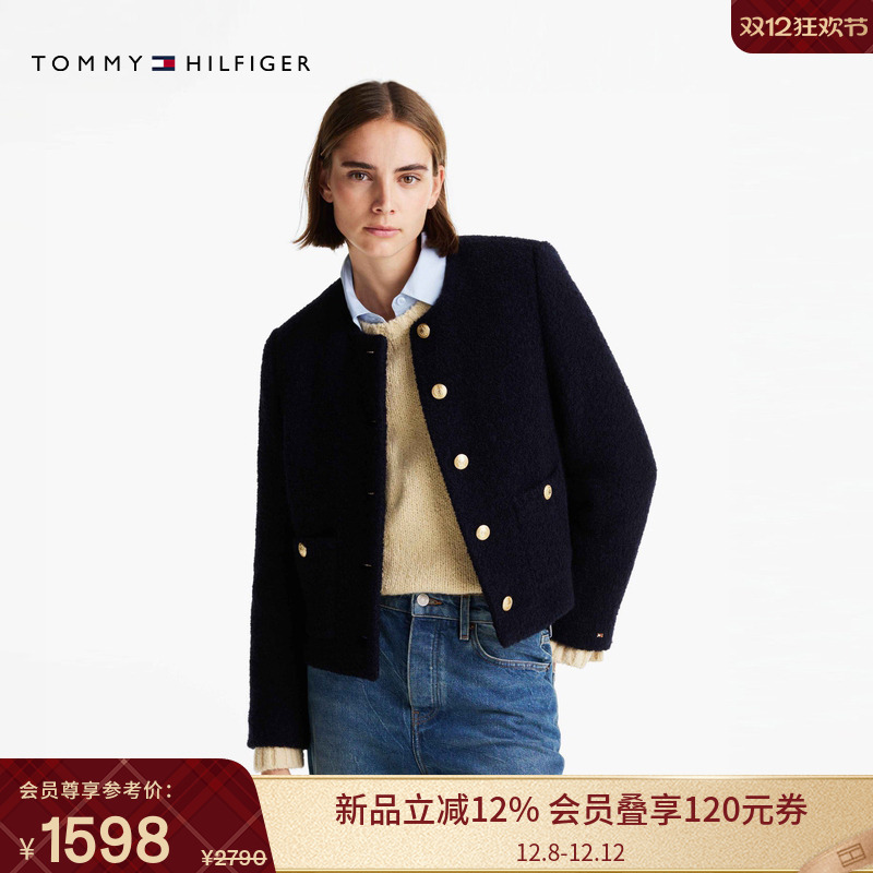 Tommy女羊毛混纺圆领小香风外套