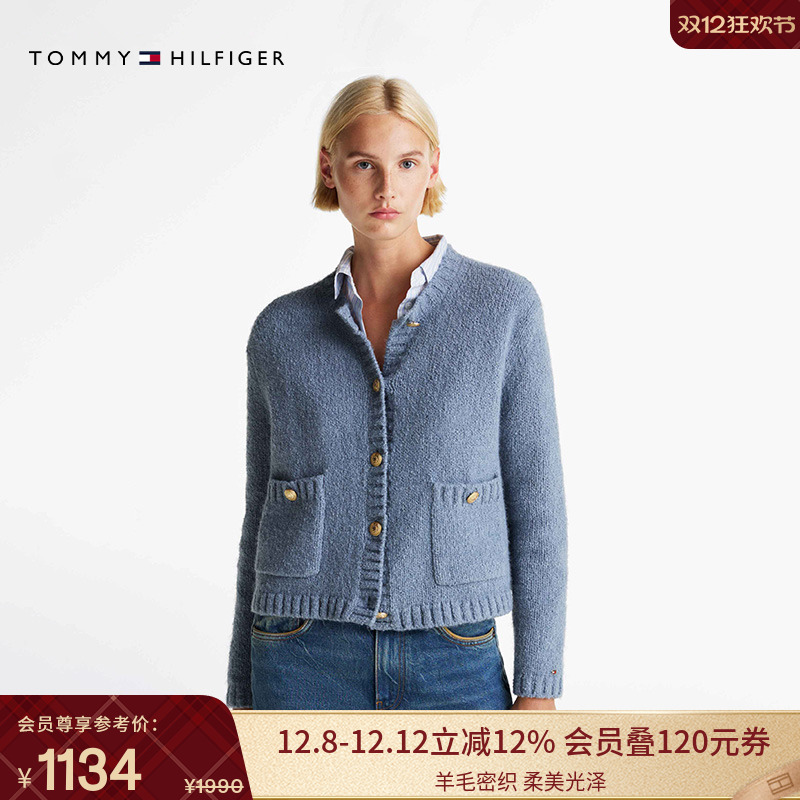 Tommy女装圆领金属扣开衫毛衣