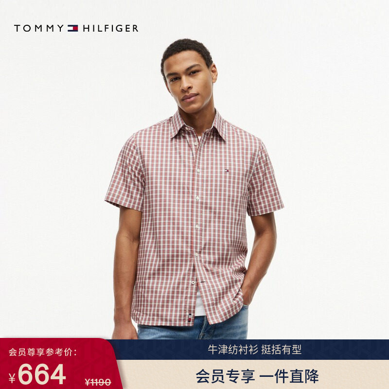 Tommy男纯棉牛津纺格纹短袖衬衫图片
