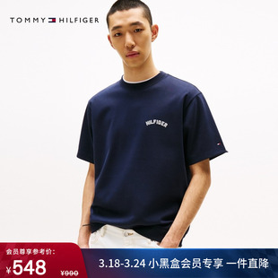 Tommy春夏男装美式复古撞色植绒字母纯色内搭宽松圆领短袖T恤卫衣