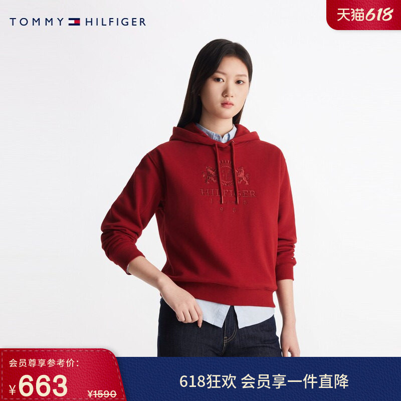 Tommy秋冬女装美式休闲通勤双狮刺绣图案温暖抓绒连帽红色卫衣