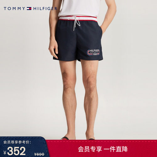Tommy男刺绣撞色抽绳腰运动短裤