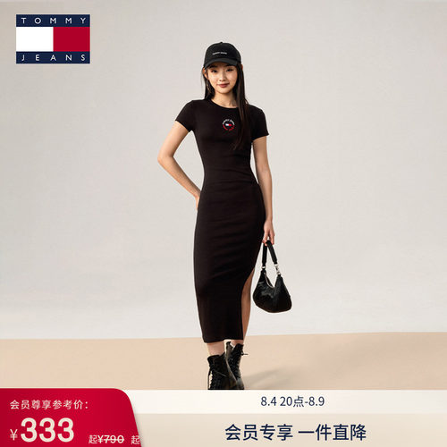 Tommy女装刺绣修身圆领针织长裙