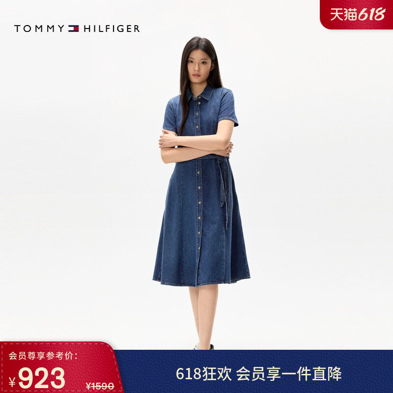 Tommy春夏女装纯棉气质文艺风收腰显瘦中长款牛仔衬衫裙连衣裙