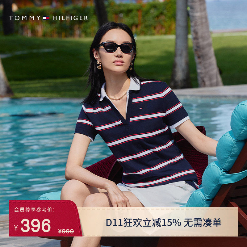 Tommy春夏女装珠地网眼休闲气质优雅通勤条纹V领短袖T恤POLO衫