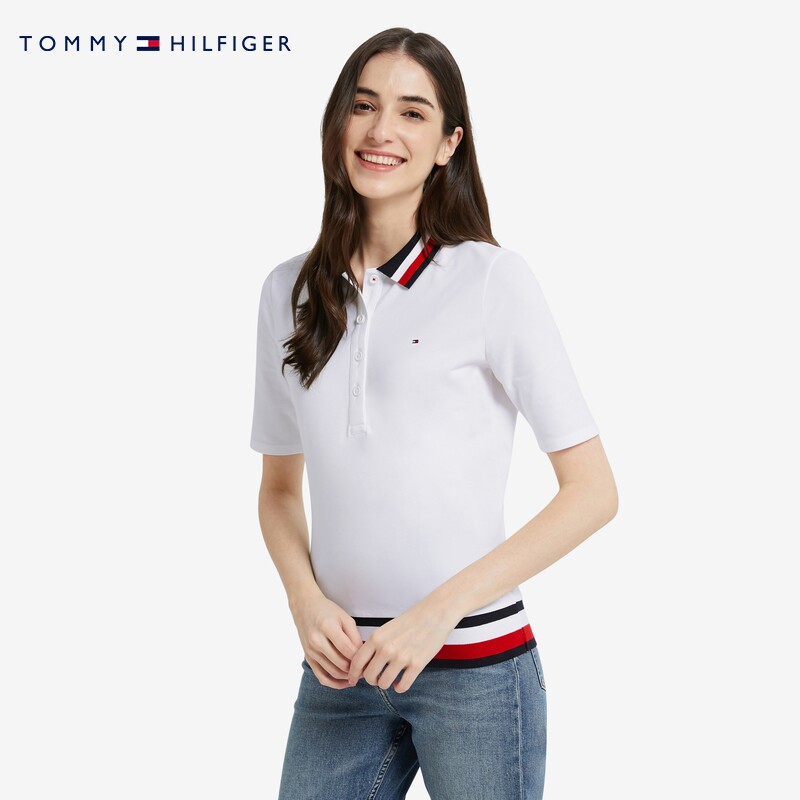 TOMMY 여성용 패셔너블하고 우아한 스트라이프 컬러 블록 작은 자수 로고 장착 반팔 폴로 셔츠 RM876J2280