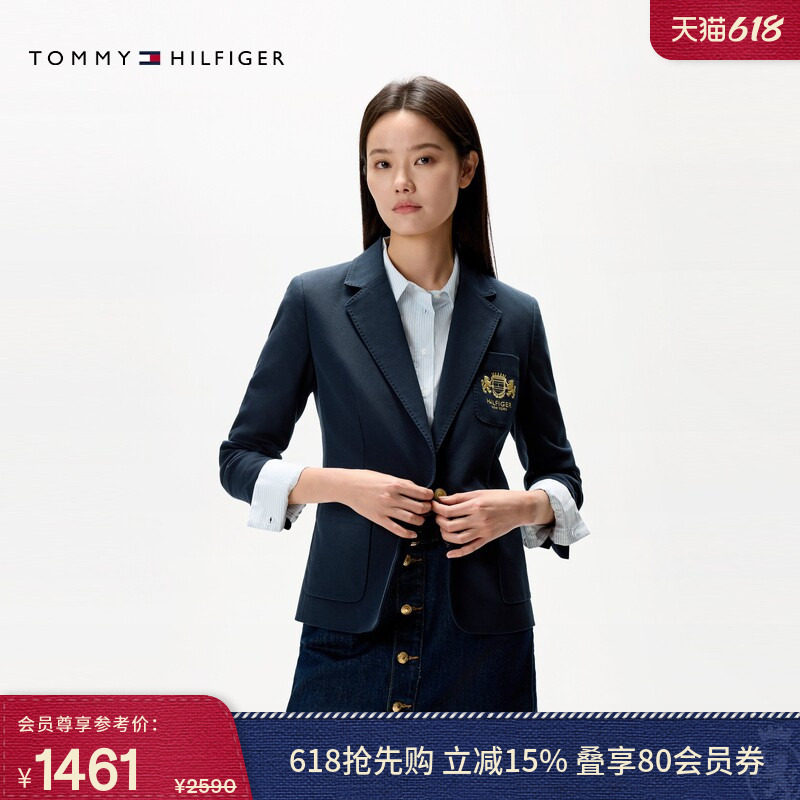 Tommy秋冬女装商务休闲职场狮标刺绣单粒扣修身翻领西装西服外套