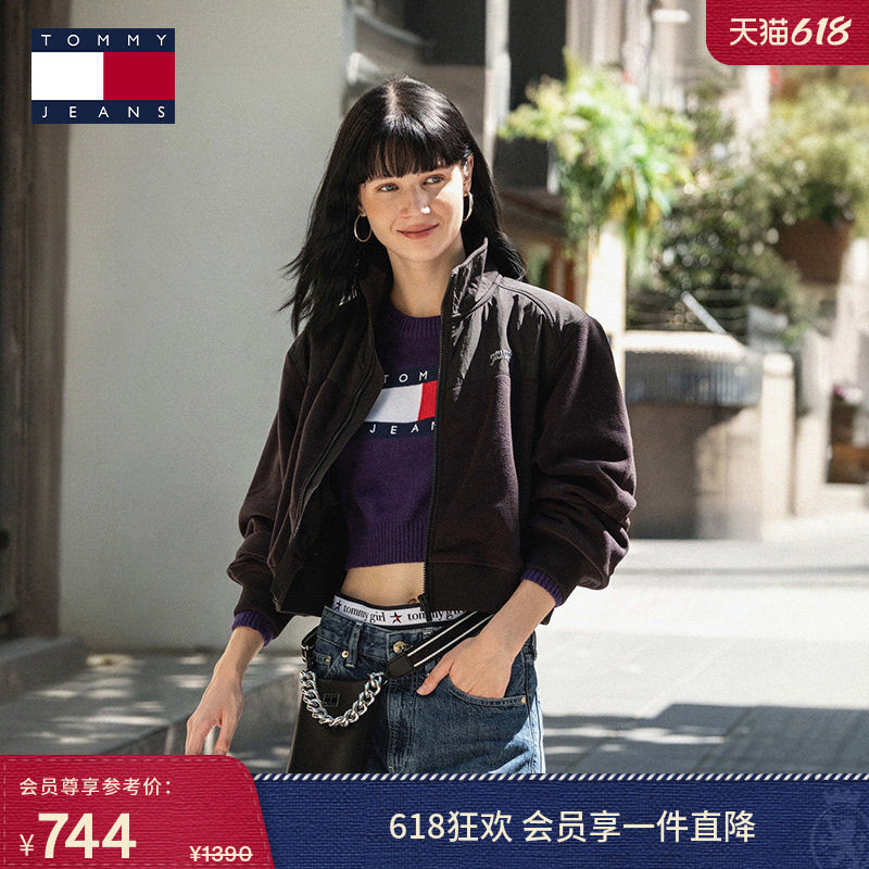 Tommy秋冬女装美式复古摇粒绒拼接字母拉链立领开衫卫衣短款外套