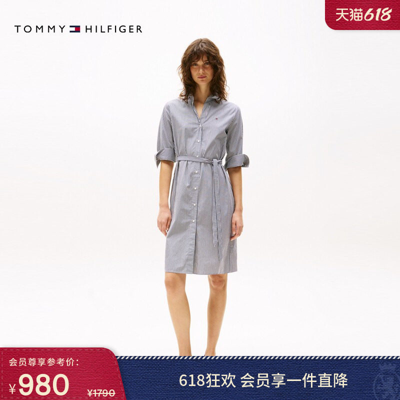 Tommy春夏女装纯棉气质休闲通勤收腰显瘦亚洲版宽松衬衫裙连衣裙