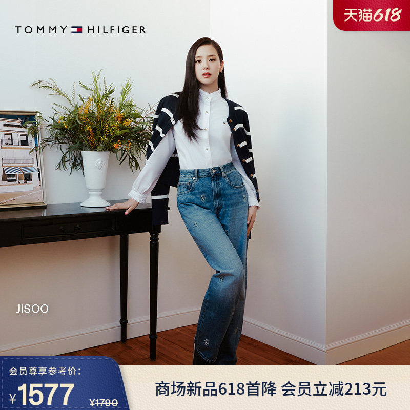 【金智秀同款】Tommy26春夏新款女纯棉狮标刺绣美式弯刀裤牛仔裤