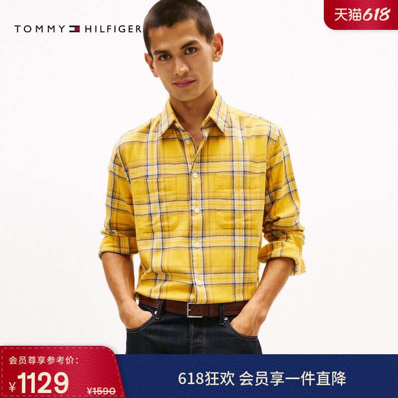 Tommy26春夏新款男装纯棉斜纹复古休闲通勤宽松格子长袖衬衫外套
