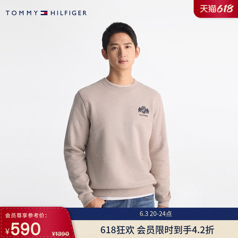 Tommy秋冬男装纯棉潮流美式休闲磨毛徽章刺绣圆领运动套头衫卫衣