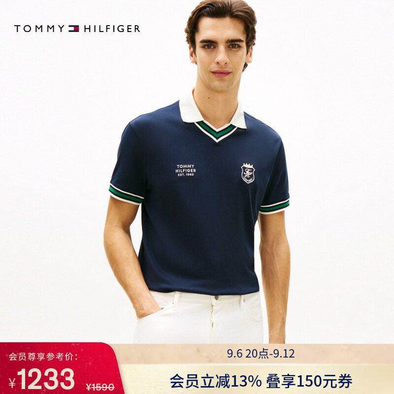 Tommy男装学院风刺绣拼色V领POLO图片