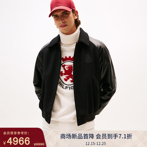 Tommy男装牛皮拼接翻领棉服夹克