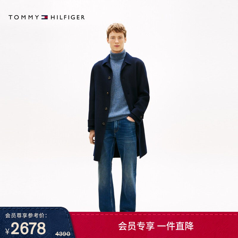 Tommy秋冬男装羊毛羊绒混纺商务绅士休闲翻领中长款宽松大衣外套