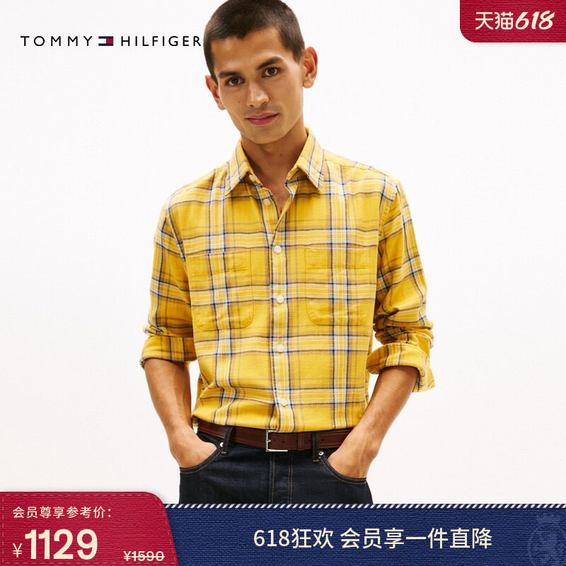 Tommy26春夏新款男装纯棉斜纹复古休闲通勤宽松格子长袖衬衫外套
