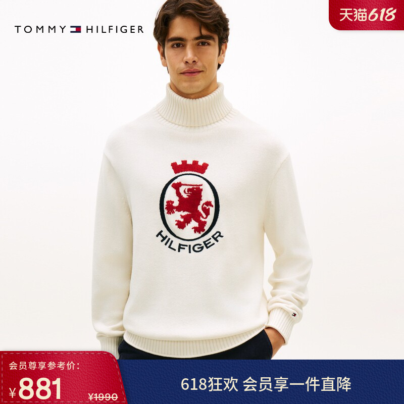 Tommy秋冬男女纯棉复古美式学院风徽章半高领宽松打底衫针织衫