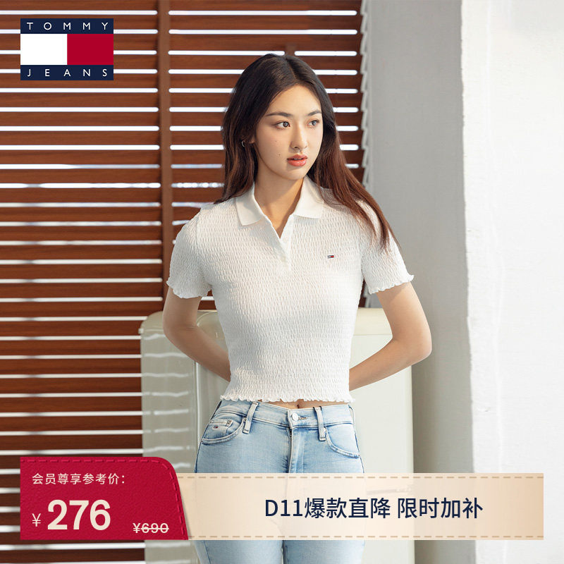 Tommy春夏女装休闲复古甜美木耳边褶皱辣妹修身短款短袖T恤POLO衫