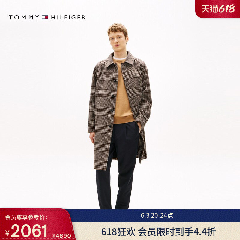 Tommy秋冬男装羊毛混纺复古商务通勤格纹宽松翻领中长大衣外套