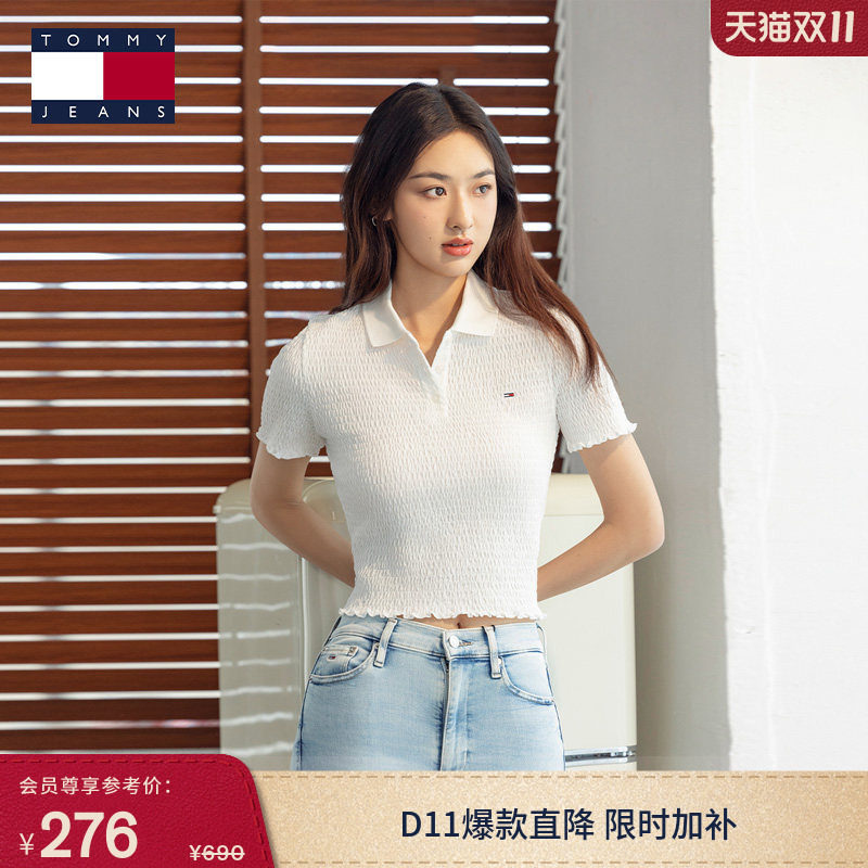 Tommy春夏女装休闲复古甜美木耳边褶皱辣妹修身短款短袖T恤POLO衫